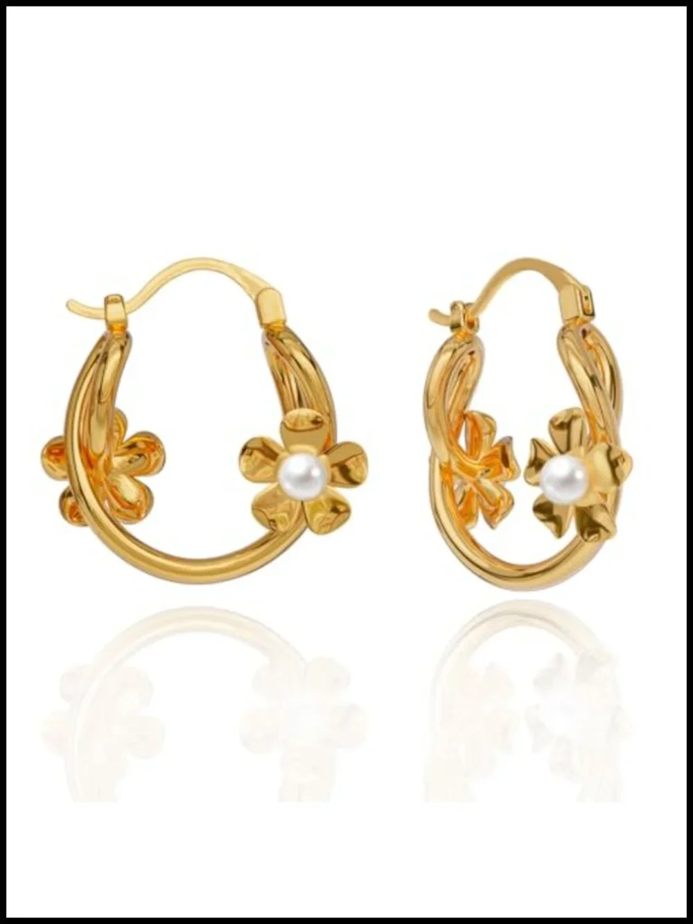 14K Gold Plated Floral Pearl Hoop Earrings for Women Hypoallergenic Dangle